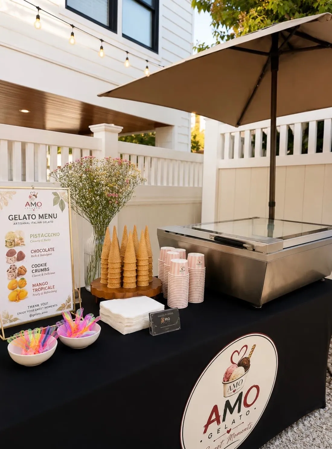 The AMO Gelato station under string lights: gelato menu, cones, cups and the display freezer