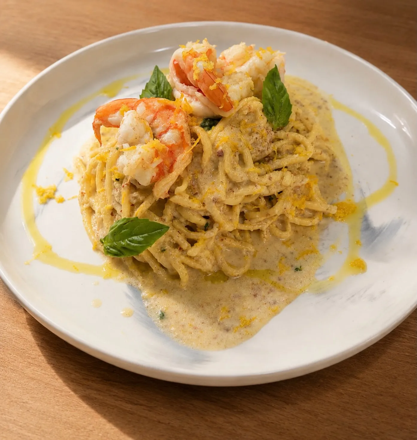 Fresh pasta with shrimp and basil