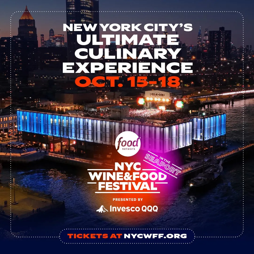 Official Food Network New York City Wine & Food Festival 2026 graphic: “New York City's Ultimate Culinary Experience, Oct. 15–18” over a night aerial view of Pier 17 in the Seaport, with the festival logo, “Presented by Invesco QQQ” and “Tickets at nycwff.org”.